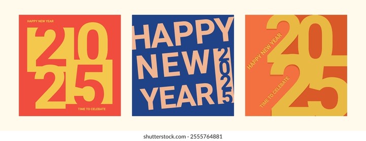 Set of Happy New Year 2025 templates. Minimalistic designs for greeting cards, social posts, banners, and covers.