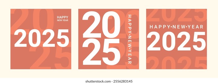 Set of Happy New Year 2025 templates. Minimalistic designs for greeting cards, social posts, banners, and covers.