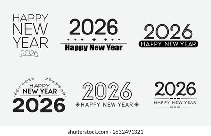 Conjunto de Feliz Ano Novo 2026 em Ilustração de Vetor, Elementos Festivos no Fundo Branco