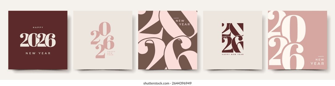 Conjunto de Feliz Ano Novo 2026 modelo de design de logotipo com números e tipografia. Ilustração vetor minimalista elegante para branding, calendário, convite, cartão de saudação, banner, cartaz