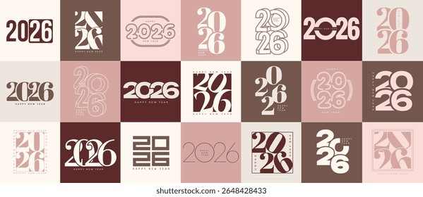 Set of Happy New Year 2026 elegant logo design template in brown pastel colors. Vector illustration for calendar, invitations, greeting cards, banner, poster	