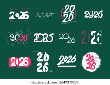 Set of Happy New Year 2026 text design. Set of cover of business diary for 2026 with wishes. Brochure design card, banner. Vector Happy New Year. Stunning graphics and festive Elements.