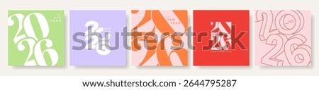 Set of Happy New Year 2026 logo design template with numbers and typography. Trendy minimalist vector illustration. Creative concept for branding, calendar, greeting card, banner, poster