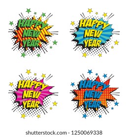 set of 'happy new year' badges in retro pop art style on colorful speech bubble with halftone dotted shadow on white background. comic vector illustration easy to edit and customize. eps 10