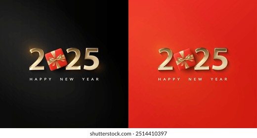 Set of Happy New Year banners with gold metal numbers 2025 and gifts