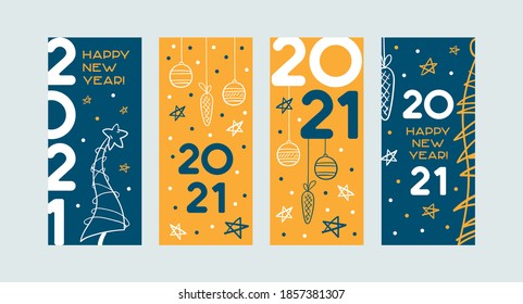 Set of "Happy new year" card flyers. Blue and yellow, with painted Christmas trees and Christmas toys.