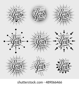 Set of Happy New Year Card with Starburst,  Vector illustration