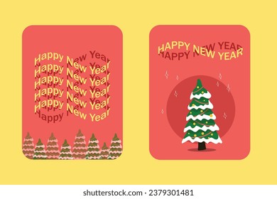 Set of Happy New Year cards with Christmas trees in retro style graphic lettering