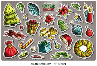 Set of Happy New Year cartoon stickers. Vector hand drawn objects and symbols collection. Label design elements. Cute patches, pins, badges series. Comic style.