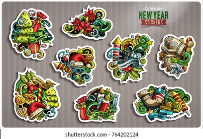 Set of Happy New Year cartoon stickers. Vector hand drawn objects and symbols collection. Label design elements. Cute patches, pins, badges series. Comic style.