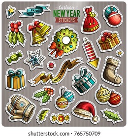 Set of Happy New Year cartoon stickers. Vector hand drawn objects and symbols collection. Label design elements. Cute patches, pins, badges series. Comic style.