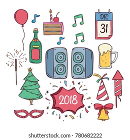 set of happy new year and christmas icons with doodle art