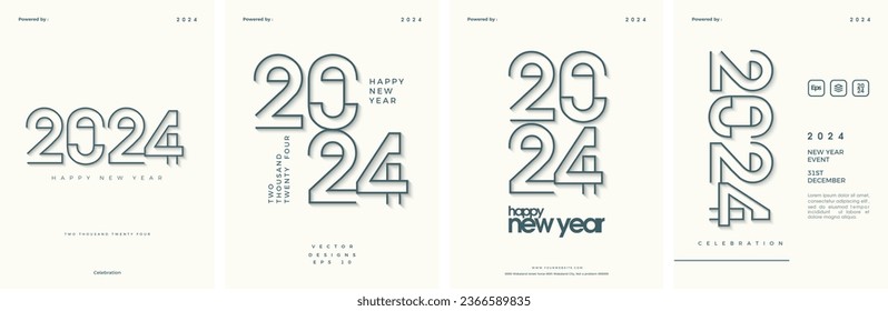 Set de Feliz Año Nuevo cubre 2024. Diseño de números de línea con líneas delgadas con sombreado de luz. Antecedentes de vector premium año nuevo 2024.