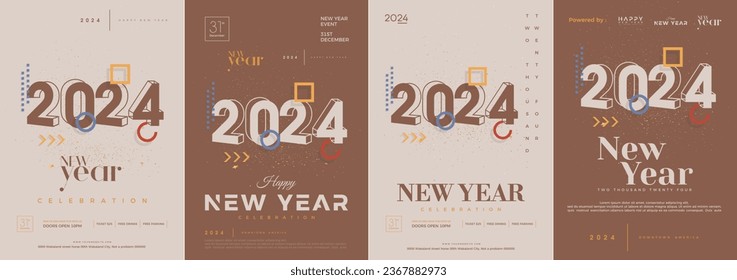 Set de Feliz Año Nuevo cubre 2024. Concepto retro con números 2d planos de colores únicos. Antecedentes de vector premium año nuevo 2024.