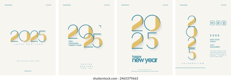 Conjunto de Feliz Año Nuevo cubre 2025. Diseño único 2d con sombras claras sobre fondo brillante. Premium fondo de Vector nuevo año 2025.