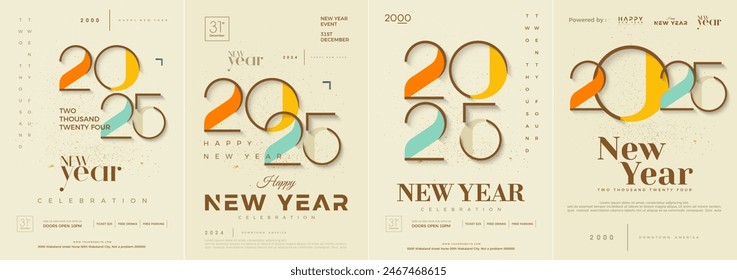 Conjunto de Feliz Año Nuevo cubre 2025. Diseño clásico con números coloridos. Premium fondo de Vector nuevo año 2025.