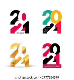 Set of Happy New Year design of colored and gold 2021 numbers. Typography logo for 2021 save the date luxury designs and new year celebration invite. Isolated on white background. Vector illustration.