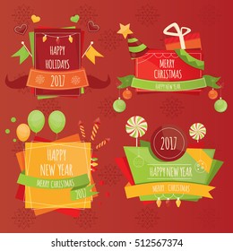Set of happy new year design elements. Colorful Christmas tags, labels, banners, and emblems