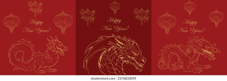 Juego de tarjetas de feliz Año Nuevo del Dragón