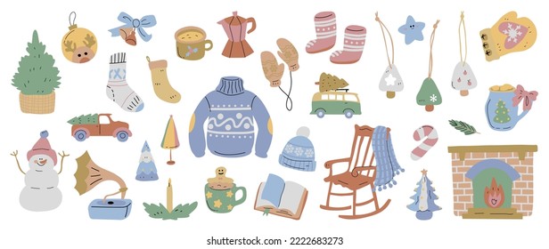 Conjunto de ilustración de vector de elemento feliz de año nuevo. Colección de velas, caramelos, trineo, chimenea, regalo, tetera, carta, árbol de navidad, sombrero. Diseño para pegatinas, tarjetas, afiches, invitaciones, saludos.