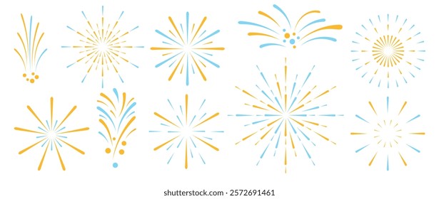Set of Happy New year firework vector illustration. Collection of golden, light red, blue orange fireworks on white background. Suitable for decoration, print, poster, banner, wallpaper, card, cover.
