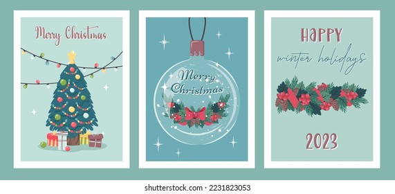 Set of Happy new year flyer template. Christmas greeting card. Fir tree decorated with lights, snow glass ball, Christmas wreath, gifts. Variety of winter holiday. Vector cartoon flat illustration	