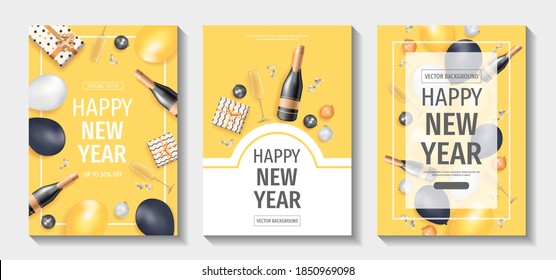 Set of Happy New Year flyers. Yellow, Black, white and gold collors. Champagne, glasses, christmas balls, balloons, gift boxes. A4 vector illustration for invitation, card, flyer, poster, banner.