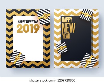 Set of Happy New Year greeting card design with gift boxes on geometric abstract background.