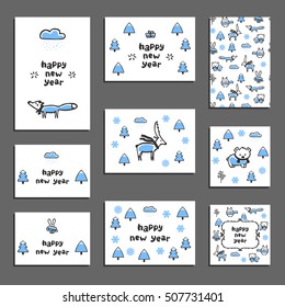 Set of happy new year greeting cards. Vector templates with funny cartoon animals - deer, fox, bear, hare and owl. Cute doodle animals wear scarves