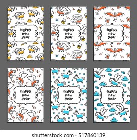 Set of happy new year greeting card with mythical beasts. Cute cartoon vector childish pattern on white background. Cartoon griffin, dragon, phoenix, unicorn, pegasus and basilisk