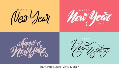 Set von Happy New Year Hand Schriftzug Kalligraphie. Vektor-Feiertags-Illustrationselement. Sammlung von farbigen typografischen Element für Banner, Poster, Glückwunsch. Luxus Happy New Year Textdesign.