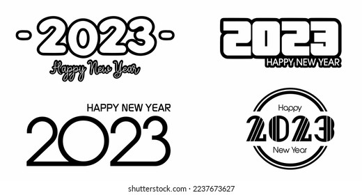 Set Happy New Year logo text design 2023 Large. 2023 number big design template. Collection of 2023 Happy New Year symbols. Vector illustration with black labels on white background. 2