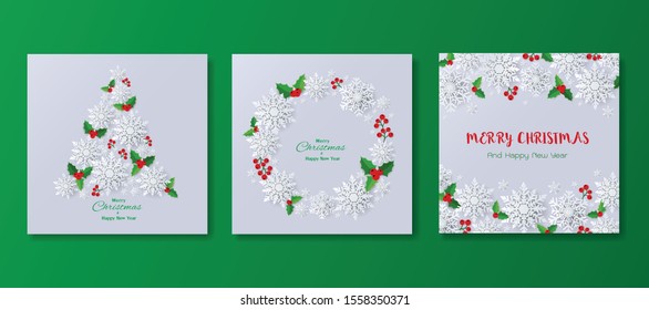 Set of happy new year and Merry Christmas greeting card or background, paper art snowflakes with berry for decorative seasonal holiday banner, vector illustration