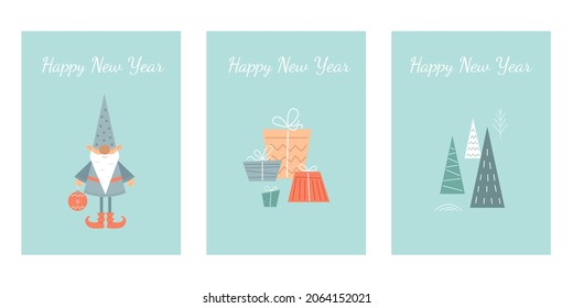 Set of Happy New Year and Merry Christmas cards in minimalistic Scandinavian style. Christmas gnome, gifts, tree. Vector stock illustration. 