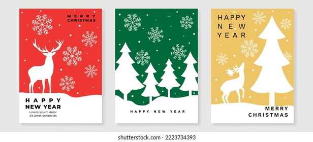 Set of happy new year and merry christmas concept cover. Minimal template design with snowflakes, snow, reindeer, christmas trees. Art design for greeting, invitation, postcard, poster, banner, flyer.