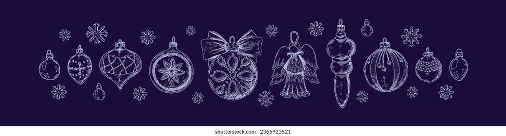 Set of Happy new year and Merry Christmas balls in sketch style. Handdrawn Christmas tree decoration. Vintage toys, glass baubles, angel figure