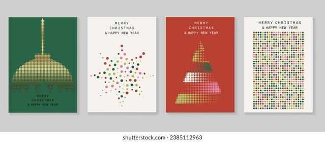 Set of happy new year and merry christmas concept background. Elements of decorative bauble, christmas tree, snowflake, ball, halftone texture. Art design for card, poster, cover, banner, decoration.