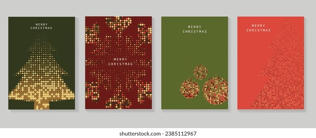 Set of happy new year and merry christmas concept background. Elements of decorative bauble, christmas tree, snowflakes, halftone texture. Art design for card, poster, cover, banner, decoration.