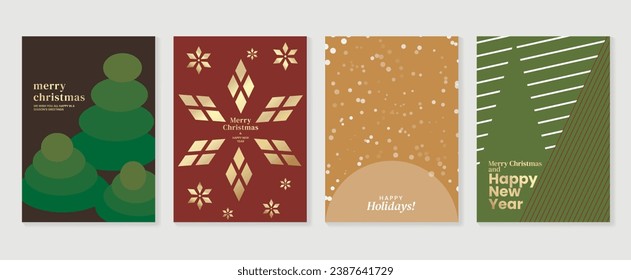 Set of happy new year and merry christmas concept background. Elements of geometric shape, christmas tree, snowflake, snowfall, line. Art design for card, poster, cover, banner, decoration.