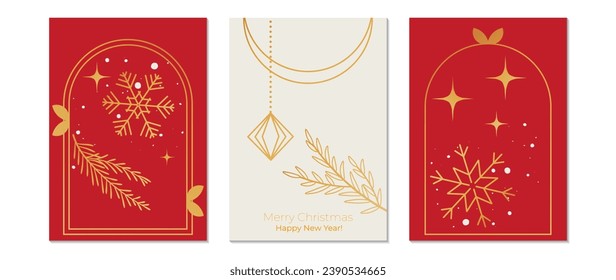 Conjunto de Feliz Año Nuevo y Feliz Navidad de fondo conceptual. Elementos dorados, árbol de Navidad, copo de nieve, diseño artístico para tarjeta, afiche, cubierta, pancarta, decoración.