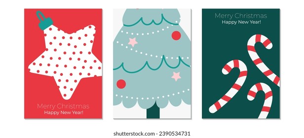 Set of Happy New Year and Merry Christmas conceptual background. Golden Elements, Christmas tree, snowflake, Artistic design for card, poster, cover, banner, decoration.
