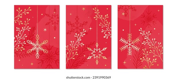 Conjunto de Feliz Año Nuevo y Feliz Navidad de fondo conceptual. Elementos dorados, árbol de Navidad, copo de nieve, diseño artístico para tarjeta, afiche, cubierta, pancarta, decoración.