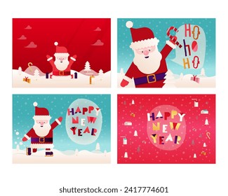 Set of Happy New Year and Merry Christmas Greeting Cards on Beautiful Snow Covered Landscape. Happy New Year and Merry Christmas.