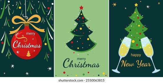 A set of Happy New Year and Merry Christmas cards. Christmas tree ball in red color. Christmas tree with a red star. Champagne glasses on the background of a green Christmas tree. 