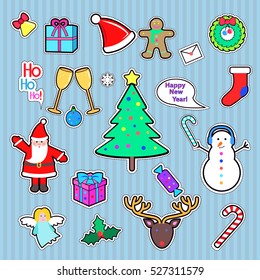 Set of Happy New Year and Merry Christmas patch. Cut out of paper. Patch Xmas tree, snowman, present, Santa Claus, deer, candy stick, speech bubble, gift, angel. Patch in cartoon style. Vector