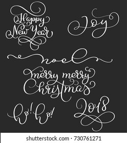 set of Happy New Year and Merry Christmas calligraphy lettering holidays vector text. Collection on black background