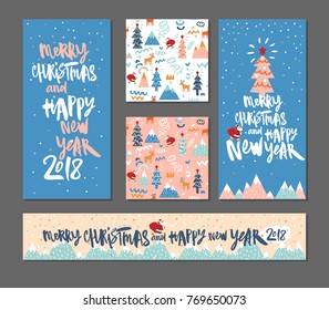Set of Happy New Year and Merry Christmas background with Santa and christmas tree. Hipster winter Greeting card