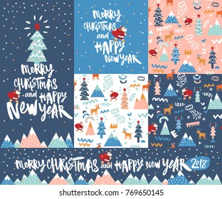 Set of Happy New Year and Merry Christmas background with Santa and christmas tree. Hipster winter Greeting card