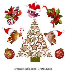 Set of Happy New Year and Merry Christmas Colorful Items.