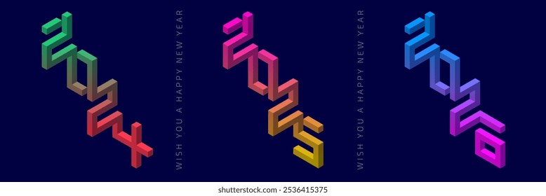 Set of happy new year numbers 2024, 2025, 2026. Vector design with rainbow 3D numbers for poster, greeting card, calendar or planner. Holiday symbol icons.